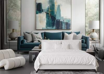 Close up details of a sleek, contemporary living room sofa, couch, pillows and accent mirror Wall mural