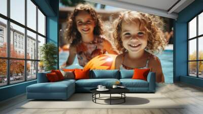 two little girls wearing swimsuits and sunglasses playing with balls in the swimming pool. family vacation 3d generative ai Wall mural