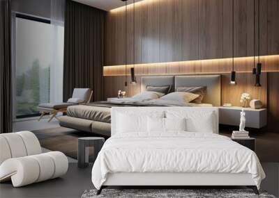 Wide view of a luxury bedroom with simple earthy colors, perfect for a good night's sleep.. Wall mural