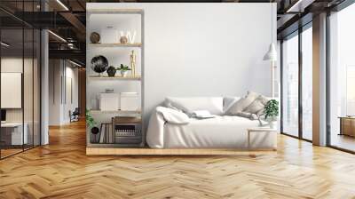 Contrasting modern interior Scandinavian style, consisting of a shelf with plants and decor, sofa and  light  wall. Wall mock up. 3d illustration Wall mural