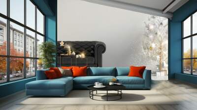 Modern shining Christmas interior with sofa, Scandinavian style. Wall mock up. 3D illustration Wall mural