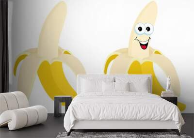 Half peeled Banana. Open Banana Raster illustration on a white background. Funny cartoon character illustration. Wall mural