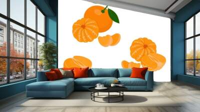 Mandarin, tangerine, clementine with leaves isolated on white background. Citrus fruit. Raster Illustration Wall mural