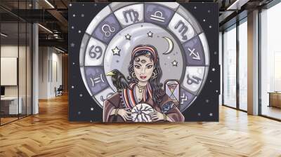 The oracle girl predicts the future on a magic ball. Zodiac signs vector illustration Wall mural