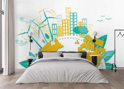 Green energy and clean environment background Globe planet earth, wind turbines and solar panels design elements Sustainable Eco Friendly Ecology and Alternative Energy Concept Vector Illustration Wall mural