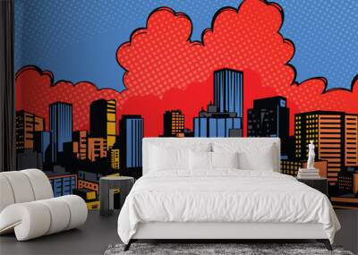 Comic book cartoon style city background. Comic cartoon style big city background, halftone texture Wall mural