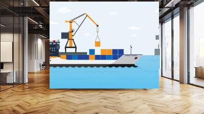 Flat cargo ship in docks. Harbor crane of shipping port loading containers to marine ocean freight vessel boat, worldwide marine industry water transport truck in sea port vector illustration Wall mural