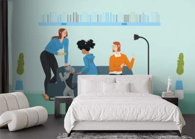 Smiling young happy family on sofa. woman and their children in living room vector illustration.  Wall mural