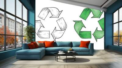 Vector Hand Drawn Recycling icons set. Vintage retro style pencil drawing recycle sign illustrations isolated on white background. Clean Environment concept signs. Wall mural