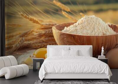 Rustic Baking Ingredients in a Wooden Bowl with Wheat and Eggs Wall mural