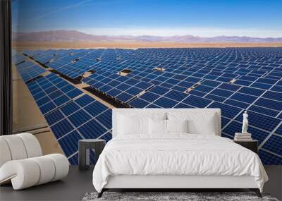 Aerial view of hundreds solar energy modules or panels rows along the dry lands at Atacama Desert, Chile. Huge Photovoltaic PV Plant in the middle of the desert from an aerial drone point of view Wall mural