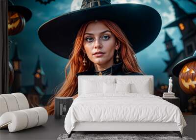 Halloween. Beautiful young witch casts a spell on Halloween Wall mural