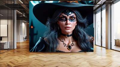 Halloween. Beautiful young witch casts a spell on Halloween Wall mural