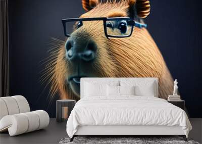 Wise animal with glasses. Portrait of a guinea pig with glasses on a dark background Wall mural