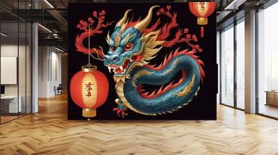 Chinese Dragon illustration with lantern Wall mural