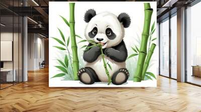 Cute panda cub eating bamboo, vector art Wall mural