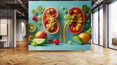 3D illustration of a pair of kidney made of fruits and vegetables. Conceptual 3d illustration with copy space. Wall mural