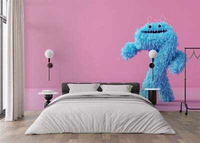 Blue 3D Fluffy Number 7 with pink background. Wall mural