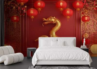 Chinese new year decorations. Happy chinese new year, year of the snake zodiac sign hanging beautiful lantern and flowers on red background. Wall mural