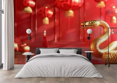 Happy chinese new year, year of the snake zodiac sign hanging beautiful lantern and flowers on red background. Copy space Wall mural