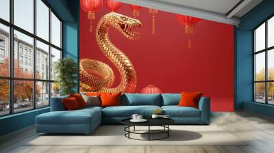 Happy chinese new year, year of the snake zodiac sign hanging beautiful lantern and flowers on red background. Wall mural