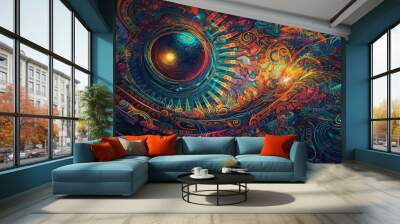 Spiritual, Surreal & Psychedelic art. Synthwave and retrowave background. wave music. Generative AI. Wall mural