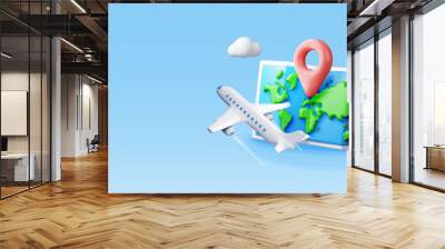 3D airplane in clouds and paper map. Render world travelling by plane. World map with location pin. Time to travel concept, holiday planning. Tourist worldwide transportation. Vector illustration Wall mural