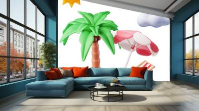 3D Deck Chair, Swim Ball, Starfish and Palm Tree. Wall mural