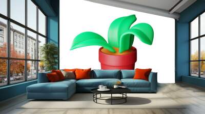 3D plant leaves in pot isolated. Render simple green plant. Office or home flower decoration. Gardening concept. Plastic style leaf. Cartoon vector illustration Wall mural