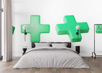 3D set of green cross sign isolated on white. Render collection of green plus symbol. Healthcare, hospital and medical diagnostics. Urgency and emergency services. Vector illustration Wall mural