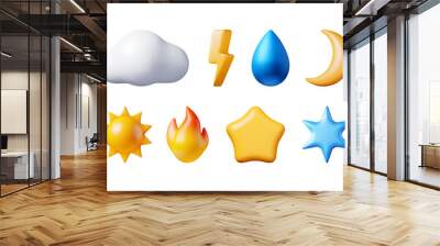 3d Weather Weather Icons Set Isolated. Render Collection Symbols of Nature. Fire, Cloud, Water Drop, Lighning, Sun, Moon, Star and Snowflake. Realistic Vector Illustration Wall mural