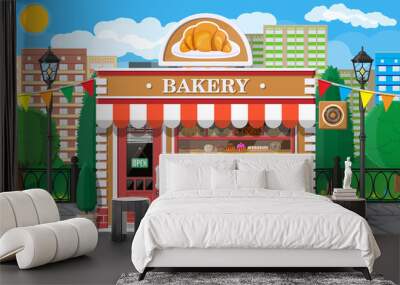 Bakery shop building facade with signboard. Baking store, cafe, bread, pastry and dessert shop. Showcases with bread, cake. City park, street lamp, trees. Market, supermarket. Flat vector illustration Wall mural