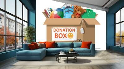 Cardboard donation box full of toys, books, clothes and devices. Help for children, support for poor kid. Social care, volunteering and charity concept. Vector illustration in flat style Wall mural