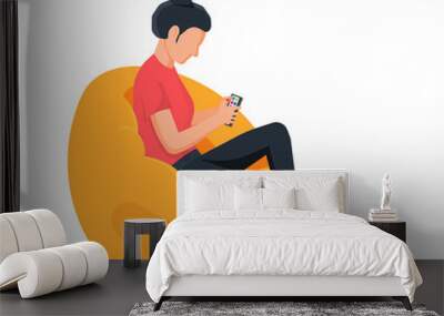 Girl sitting on bean bag chair. Woman holds smartphone in her hand. Casual female character chilling and browsing social media on mobile device. Cartoon flat vector illustration Wall mural