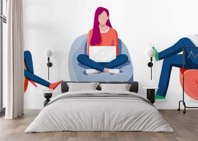 Happy male, female character working at laptop. Business people sitting in bean bag armchair. Group of freelancer in coworking space isolated. Shared workplace loft, beanbag. Flat vector illustration Wall mural