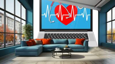 Laptop, heart shape with pulse line, stethoscope Wall mural