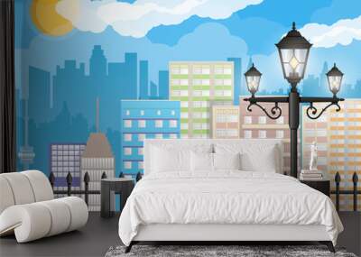 Modern city view. Cityscape with fence and lamp Wall mural