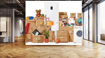 Moving to new house. Family relocated to new home. Male mover, paper cardboard boxes with goods. Package for transportation. Electronics, clothes, home appliances, furniture. Flat vector illustration Wall mural