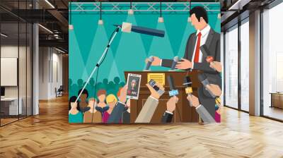 Public speaker. Rostrum, tribune and hands of journalists with microphones and digital voice recorders. Press conference concept, news, media, journalism. Vector illustration in flat style Wall mural