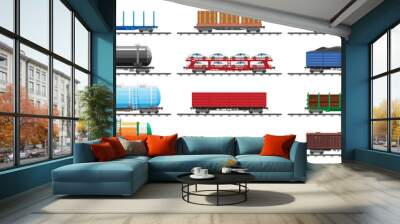 Set of train cargo wagons, cisterns, tanks and cars. Railroad freight collection. Flatcar, boxcar, car carriage. Industrial carriages, side view. Cargo rail transportation. Flat vector illustration Wall mural