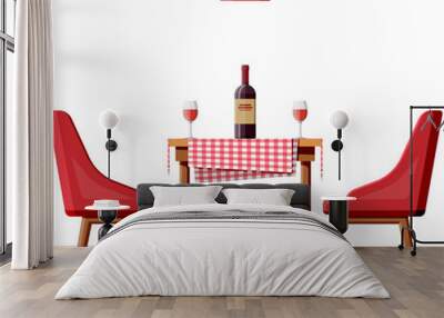 Table with chairs, lamp. Bottle of wine, glasses Wall mural