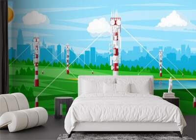 Transmission Cellular Tower Antenna Landscape. Network Broadcast Equipment Isolated. Broadcasting, Internet, Television Cell Station. 4G 5G. Satellite Communication Antenna. Flat Vector Illustration Wall mural