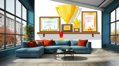 Trophy and awards collection on wooden shelf. Diploma and certificate in frames. Competition prizes, cups and medals. Award, victory, goal, champion achievement. Vector illustration in flat style Wall mural