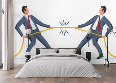 Two Businessman Pull of Rope. Man Tug of War and Look at Each Other. Business Target, Rivalry, Competition, Conflict. Achievement, Goal Success. Flat Vector Illustration Wall mural