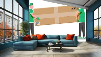 Two workers mover man holding and carrying cardboard box. Courier character holds parcel in hands. Carton delivery packaging box with fragile signs. Free and fast shipping. Flat vector illustration Wall mural