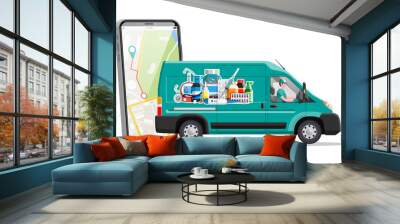 Van for delivery pharmaceutical drugs, hand with smartphone. Green drugstore truck. Internet pharmacy, online order. Medical assistance, help, support online. Health care. Flat vector illustration Wall mural