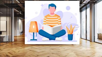 Young man sitting cross-legged and read book. Boy in lotus pose with book. Creative job or studying, education concept. Prepares to exams. Student with textbook. Cartoon flat vector illustration Wall mural