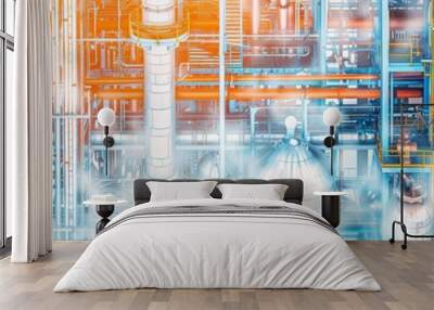 A detailed view of industrial pipelines and machinery in a modern factory environment, showcasing technology and engineering. Wall mural