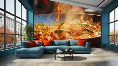 a large wok with delicious food being cooked in it. Wall mural