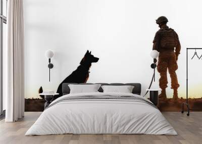 A soldier and their loyal canine companion K9 silhouetted against a sunset, symbolizing bravery and companionship. Wall mural